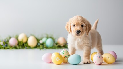 A cheerful Easter egg backgrowith eggs and a playful puppy exploring the garden, capturing the joy and energy of springtime festivities , product photography with high resolution, advertising style