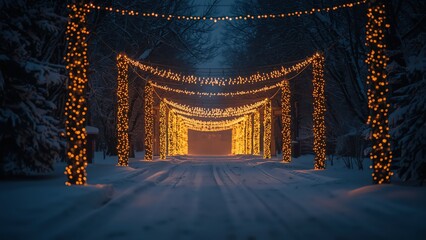 Magical winter path lined with glowing warm fairy lights creating an enchanting tunnel effect in snowy forest at night