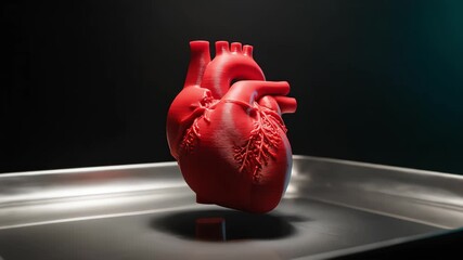 A detailed 3D model of a human heart floats and rotates above a sterile metal tray, representing advanced medical technology, organ donation, or cardiovascular science - Powered by Adobe