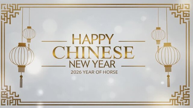 Festive Happy Chinese New Year 2026 greeting with sparkling background and golden lanterns
