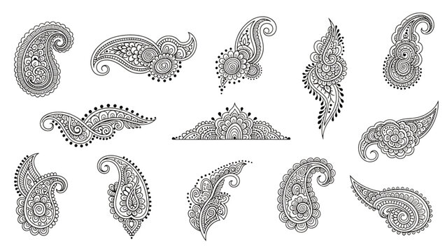 Henna tattoos ink sketch vector set. Floral leaves stems ornamental pattern skin maroon red temporary tattoo illustrations isolated on transparent background