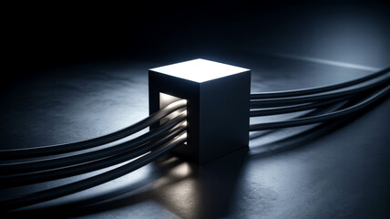 Glowing Cube With Cables: Modern Tech Connectivity Concept In Dark Studio
