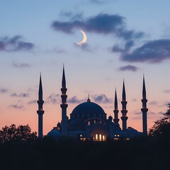 Mosque silhouetted against a twilight sky, crescent moon overhead