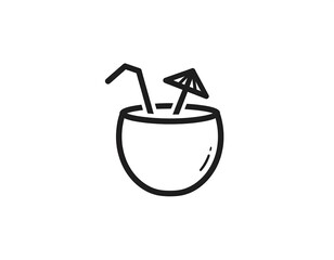 Black and white coconut drink icon with straw and small umbrella