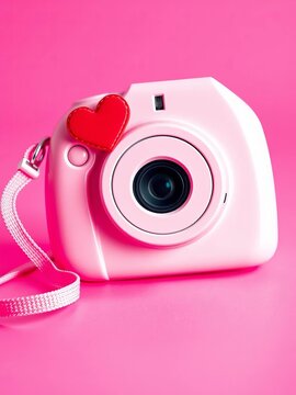 Adorable pink camera with heart and smile on pink background, Valentine's Day theme,  icon,  valentine