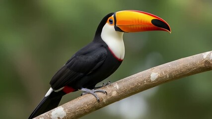 colorful toucan perched on branch in tropical rainforest with orange beak