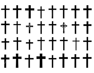 Black graphic depicting an array of varied cruciform shapes