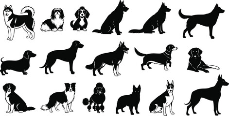 Detailed Black and White Vector Illustration Set Featuring Diverse Dog Breed Silhouettes and Poses for Professional Pet Design