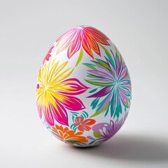 Obraz premium Close-up shot of a uniquely designed Easter egg with a variety of floral motifs, each one artistically rendered to emphasize craftsmanship. The clean white surface enhances the eggâ€™s colorful