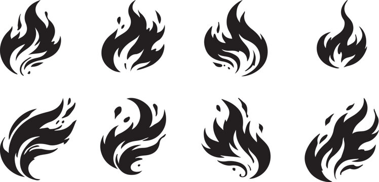 Abstract black flame icon set with dynamic fire shapes, minimalist vector silhouettes representing heat, energy, power, and motion on white background.