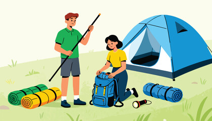 Two people preparing for a camping trip with a tent and gear