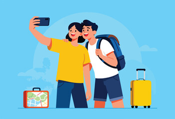Happy couple taking a selfie with luggage and map