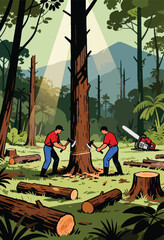 Two lumberjacks fell a tree with axes, logs and a chainsaw lie nearby