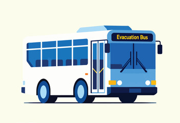 A minimalist blue and white illustration of an evacuation bus