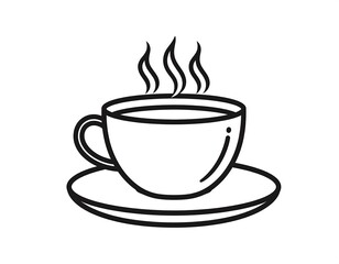 Black and white illustration of a steaming cup of coffee