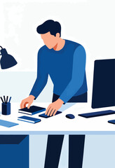 A person in a blue shirt arranging books and a phone on a desk