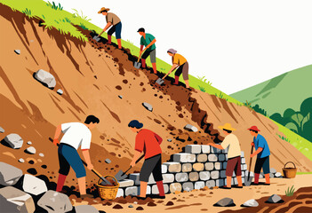 Diverse group working on a steep, rocky incline, building a stone wall