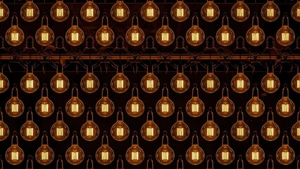 A large repeating pattern of warm glowing Edison light bulbs hanging in rows against a dark background, creating ambiance.