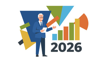Senior businessman presents financial growth strategy for year 2026 with charts and abstract geometric shapes