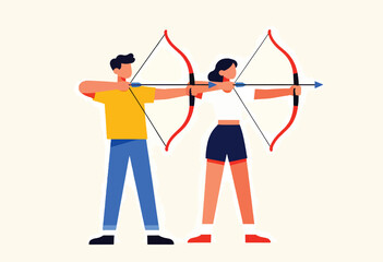 Two people aiming bows and arrows, ready to shoot