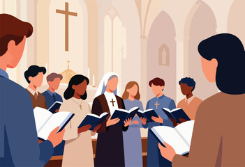 Diverse choir members holding open books in a church setting