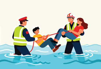 Rescuers in uniform wading through water, saving civilians