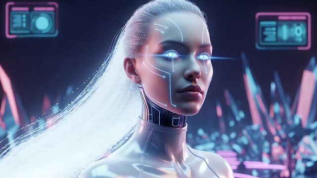 futuristic female android with neon holographic interface