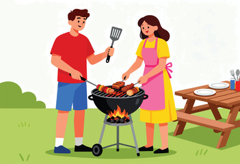 Couple grilling food outdoors near a picnic table with plates and drinks