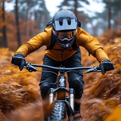 Mountain biker in autumn forest, low-angle shot