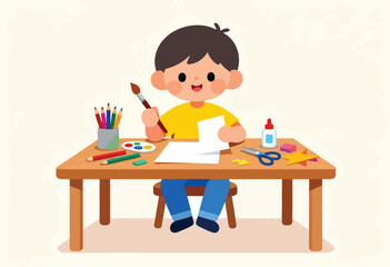 A child sits at a desk, painting and cutting, surrounded by art supplies