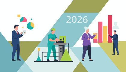 Fototapeta premium Future business strategy 2026 corporate management industrial production and data analysis