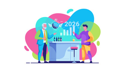 Business partners analyze AI technology and future growth charts over a casual meeting