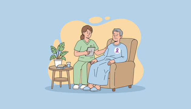 Caring nurse supports an elderly patient with a purple ribbon awareness symbol in a comfortable residential setting