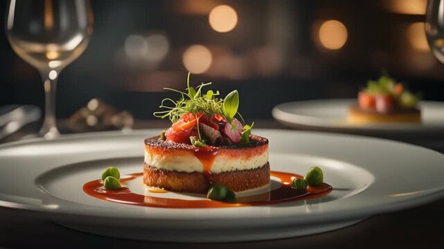 Cinematic stock video of an elegant fine dining plate with artistic presentation. Suitable for luxury food, restaurant branding, and gourmet concepts.