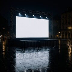 Ultra realistic night city plaza with towering edge to edge LED event screen framed by sleek stage truss and audience barriers glowing in ambient blue light for live premiere visuals