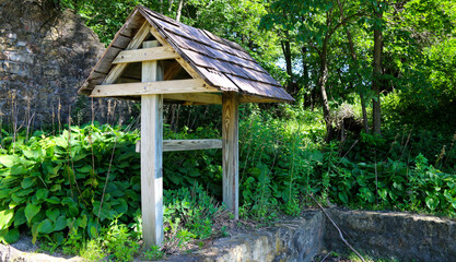 A simple wooden shelter with a shingled roof stands in a lush green forest area sunlight casts shadows on the structure and surrounding plants creating a peaceful natural scene
