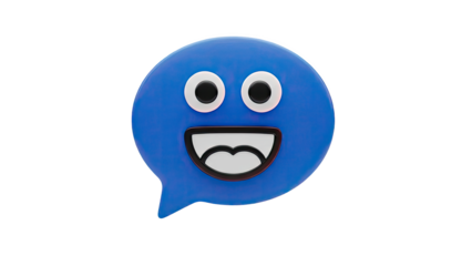 3D Blue speech bubble emoji with happy expression on transparent background