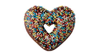 A heart shaped chocolate donut with colorful sprinkles on a pure transparent background