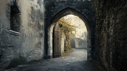 Obraz premium A weathered stone archway, medieval architecture, leading to a cobblestone path, mystery and age