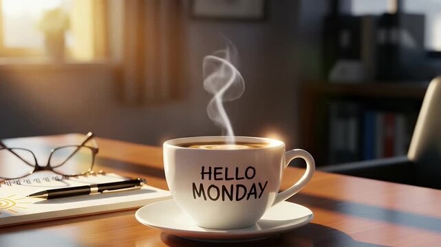 hello monday coffee mug with heart steam in warm morning light at desk