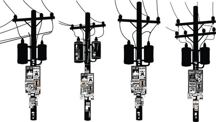 Obraz premium Utility pole silhouette, urban posters, electrical wires, transformer box, street culture, public message board, city scene, vector illustration, graphic art, infrastructure element