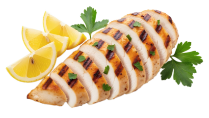 Grilled Chicken Delight: A close-up shot of a perfectly grilled chicken breast, artfully sliced and garnished with fresh lemon wedges and vibrant parsley, creating a culinary masterpiece