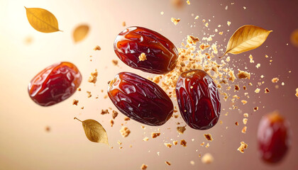 Fototapeta premium Dates and crumbs explosion with dry leaves flying around