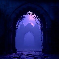 Mysterious, moonlit archway leading to a distant, misty temple.  Intricate carvings adorn the stone arch
