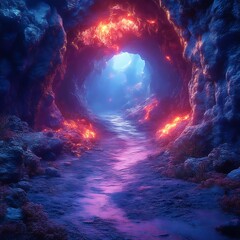 Mystical cave tunnel, vibrant colors, glowing path