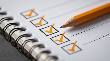 Close-up of a checklist with orange pencil marking completed tasks on a spiral notebook, emphasizing organization and productivity in daily planning