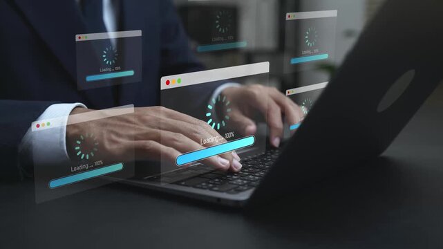 Businessman using laptop with loading progress bar. Uploading process indicator, data transfer interface concept.