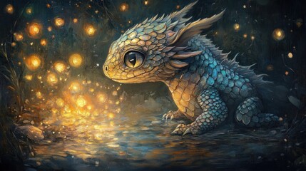 Baby dragon, scales like iridescent fish scales, playfully batting at a mote of light, warm, magical glow
