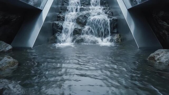 A waterfall cascades over dark rocks into a reflective pool