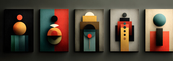 Set of minimal 20s geometric design posters, vector template with primitive shapes elements